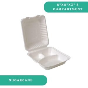 8x8" 3-Compartment Sugarcane Clamshell