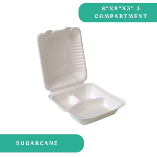 8x8" 3-Compartment Sugarcane Clamshell
