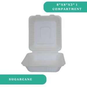 8x8x3" 1-Compartment White Sugarcane Clamshell