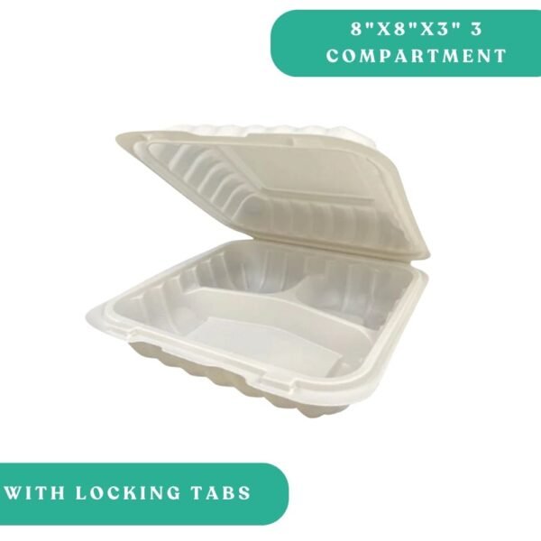 8x8x3" 3 Compartment PP Hinged Clamshell with Tabs