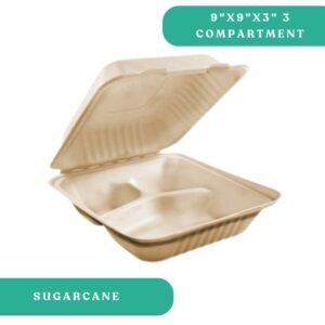 9x9" 3-Compartment Sugarcane Clamshell
