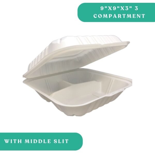 9x9x3" 3-Compartment Plastic Clamshell with Slit